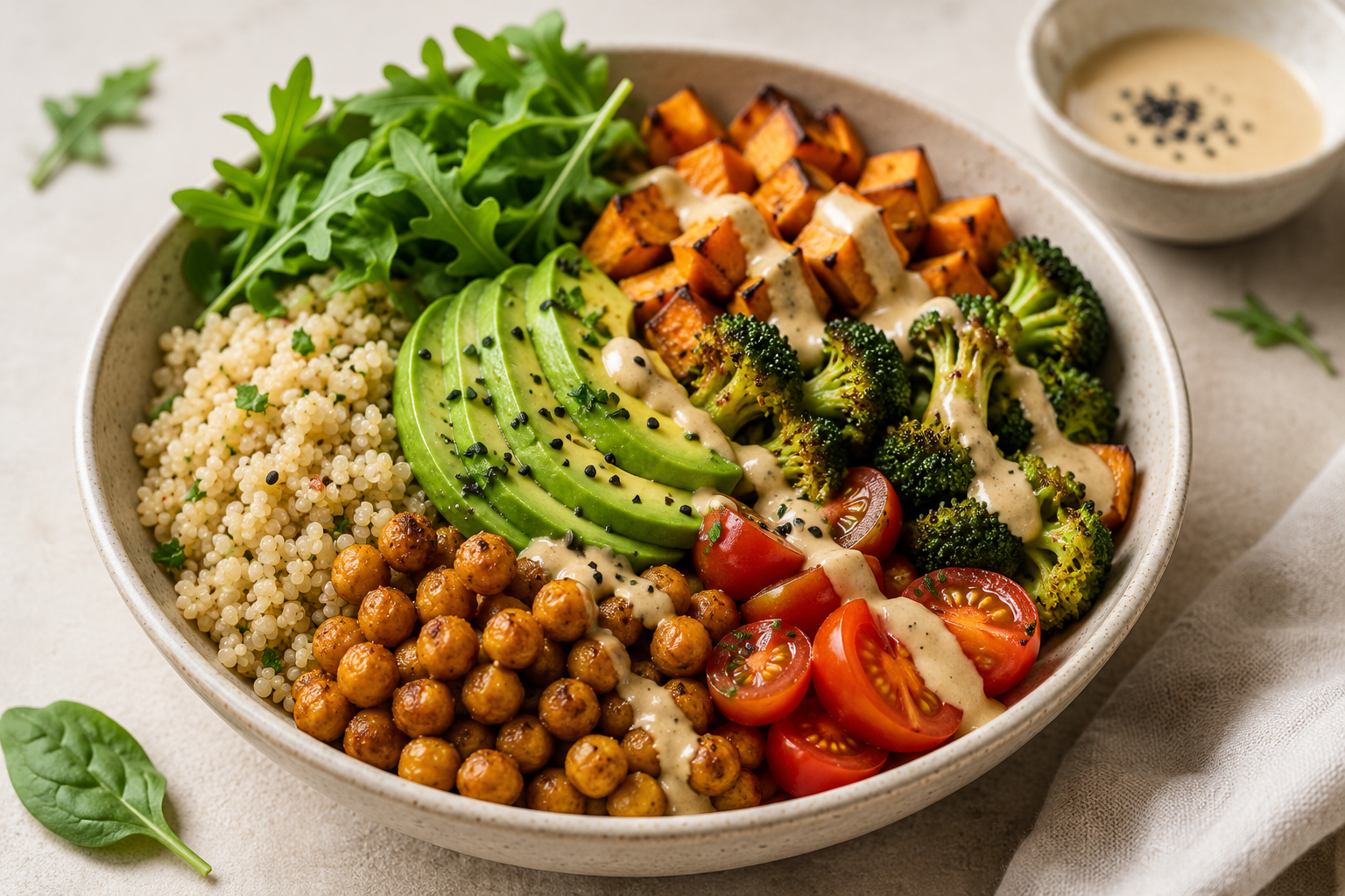 Vegane Bowl mit Kichererbsen, Avocado und Gemüse
